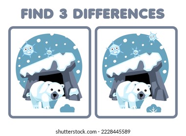 Education game for children find three differences between two cute cartoon polar bear in front of den printable winter worksheet