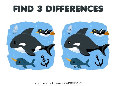 Education game for children find three differences between two cute cartoon orca with narwhal and penguin printable underwater worksheet