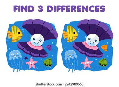 Education game for children find three differences between two cute cartoon shell with starfish and jellyfish printable underwater worksheet