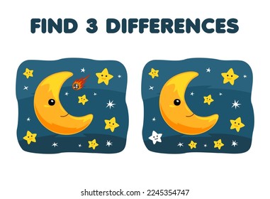 Education game for children find three differences between two cute cartoon night sky with star and moon printable nature worksheet