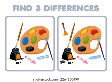 Education game for children find three differences between two cute cartoon brush ink palette and crayon picture printable tool worksheet