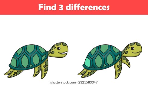 El juego educativo para niños encuentra tres diferencias entre dos dibujos animados de animales de tortuga. Ilustración del vector