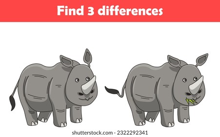 Education game for children find three differences between two rhino animal cartoon. Vector illustration