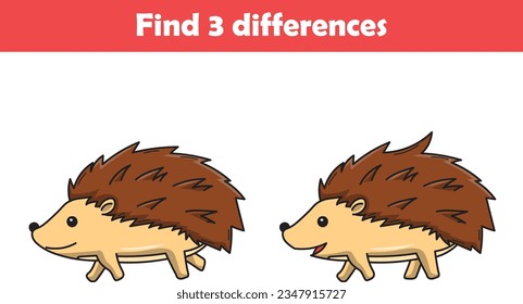 Education game for children find three differences between two hedgehog animal cartoon. Vector illustration