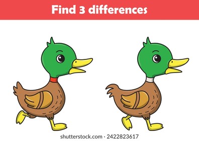 Education game for children find three differences between two little ducks animal cartoon. Vector illustration