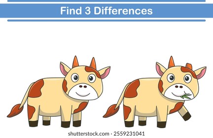 Education game for children find three differences between two cow animal cartoon. Vector illustration