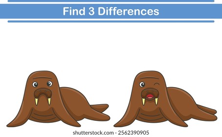 Education game for children find three differences between two walrus animal cartoon. Vector illustration