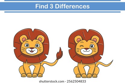 Education game for children find three differences between two lions animal cartoon. Vector illustration