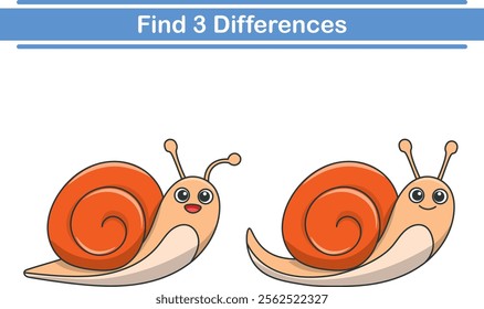 Education game for children find three differences between two snails  animal cartoon. Vector illustration