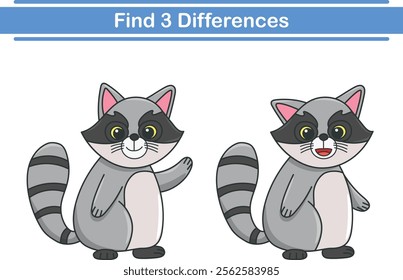 Education game for children find three differences between two racoons animal cartoon. Vector illustration