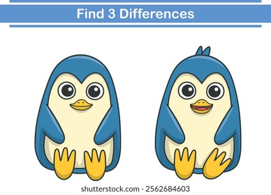 Education game for children find three differences between two penguins animal cartoon. Vector illustration