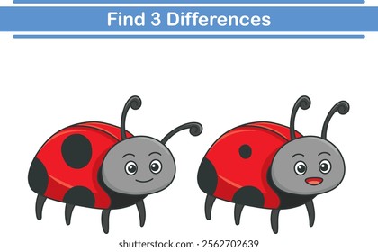 Education game for children find three differences between two ladybirds animal cartoon. Vector illustration