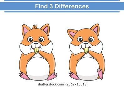 Education game for children find three differences between two hamsters animal cartoon. Vector illustration