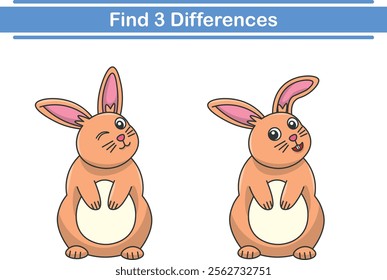 Education game for children find three differences between two rabbits animal cartoon. Vector illustration