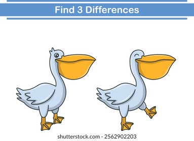 Education game for children find three differences between two pelicans animal cartoon. Vector illustration