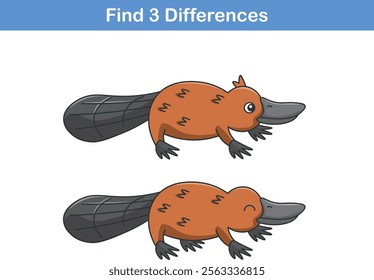 Education game for children find three differences between two platipus animal cartoon. Vector illustration