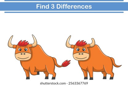 Education game for children find three differences between two bulls animal cartoon. Vector illustration