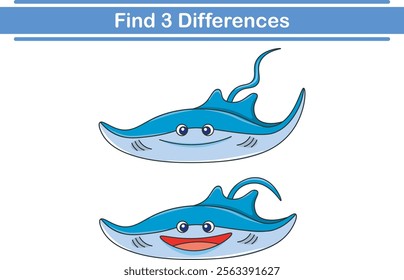 Education game for children find three differences between two stingrays animal cartoon. Vector illustration