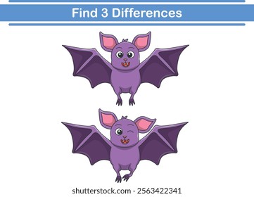 Education game for children find three differences between two bats animal cartoon. Vector illustration