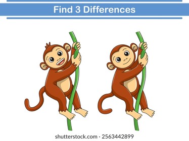 Education game for children find three differences between two monkeys animal cartoon. Vector illustration