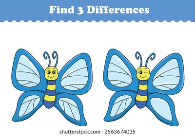 Education game for children find three differences between two butterflies animal cartoon. Vector illustration