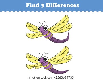 Education game for children find three differences between two dragonflies animal cartoon. Vector illustration