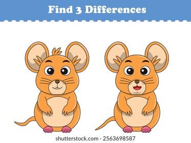 Education game for children find three differences between two mouses animal cartoon. Vector illustration