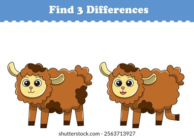 Education game for children find three differences between two sheeps animal cartoon. Vector illustration