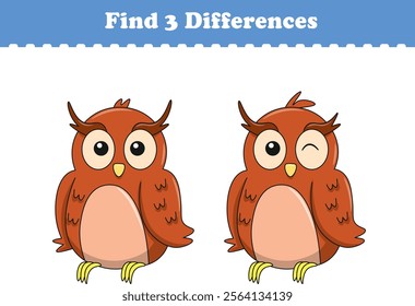 Education game for children find three differences between two owls animal cartoon. Vector illustration