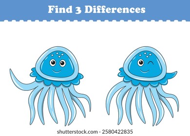 Education game for children find three differences between two jellyfish animal cartoon. Vector illustration