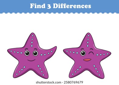 Education game for children find three differences between two starfish animal cartoon. Vector illustration
