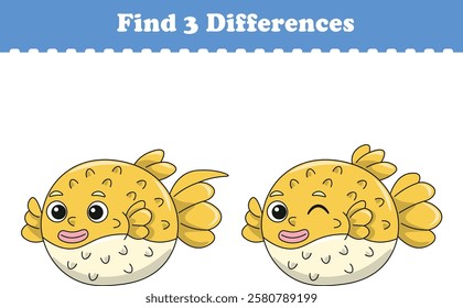 Education game for children find three differences between two puff fish animal cartoon. Vector illustration