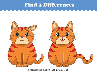 Education game for children find three differences between two cats animal cartoon. Vector illustration