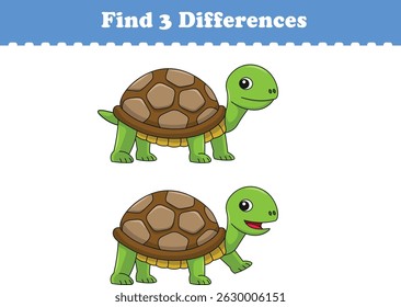 Education game for children find three differences between two tortoise cartoon. Vector illustration