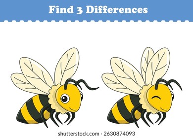 Education game for children find three differences between two bee cartoon. Vector illustration