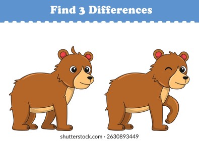 Education game for children find three differences between two bear cartoon. Vector illustration
