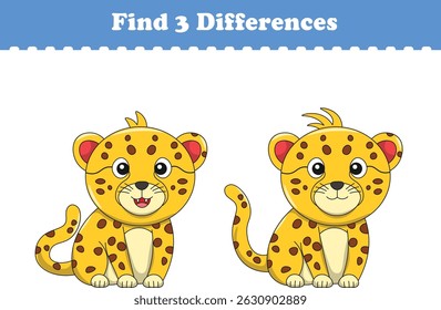 Education game for children find three differences between two cheetah cartoon. Vector illustration