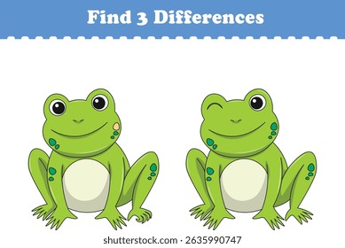 Education game for children find three differences between two frog cartoon. Vector illustration