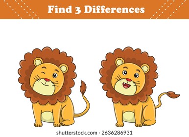 Education game for children find three differences between two lion cartoon. Vector illustration
