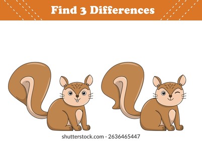 Education game for children find three differences between two squirrel cartoon. Vector illustration
