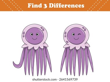 Education game for children find three differences between two jellyfish cartoon. Vector illustration