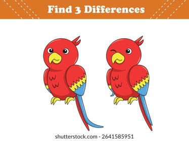 Education game for children find three differences between two parrot cartoon. Vector illustration