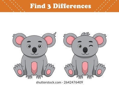 Education game for children find three differences between two koala cartoon. Vector illustration