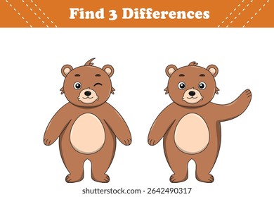 Education game for children find three differences between two bear cartoon. Vector illustration
