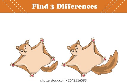 Education game for children find three differences between two Flying squirrels cartoon. Vector illustration