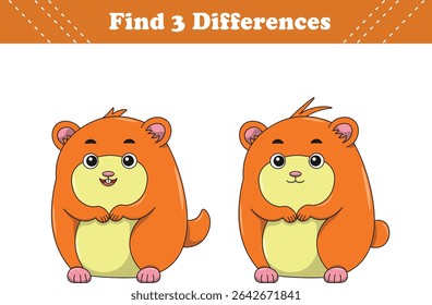 Education game for children find three differences between two hamster cartoon. Vector illustration
