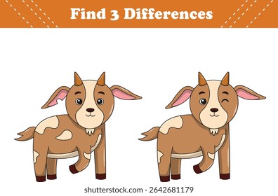 Education game for children find three differences between two goat cartoon. Vector illustration