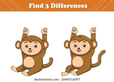 Education game for children find three differences between two monkey cartoon. Vector illustration