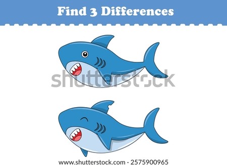 Education game for children find three differences between two sharks animal cartoon. Vector illustration