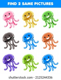 Education game for children find two same pictures cute jellyfish